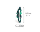 4 Boho Green Feather Charms, Peacock, Tiny Resin Dangles for Earrings, Plastic Acetate, 28.5 x 9mm