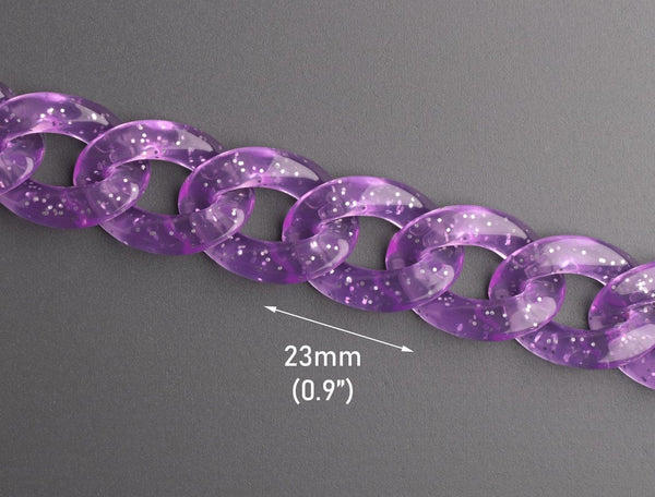 1ft Glitter Acrylic Chain Links in Purple, 23mm, Transparent, Decorative Kawaii