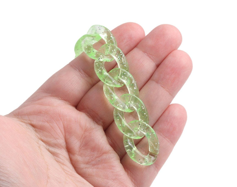 1ft Glitter Acrylic Chain Links in Lime Green, 23mm, Transparent, Cute and Sparkly