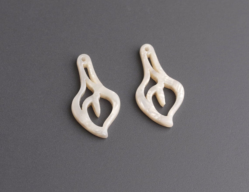 2 Pearl White Calla Lily Charms, Cute and Dainty Flower Beads, Boho, Acetate Plastic, 24.5 x 13mm