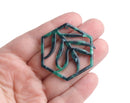 2 Hexagon Ring Charm with Fern Cut Outs, Eco Botanical Pendants, Intricate Carved Fretwork, Acetate, 44 x 40mm