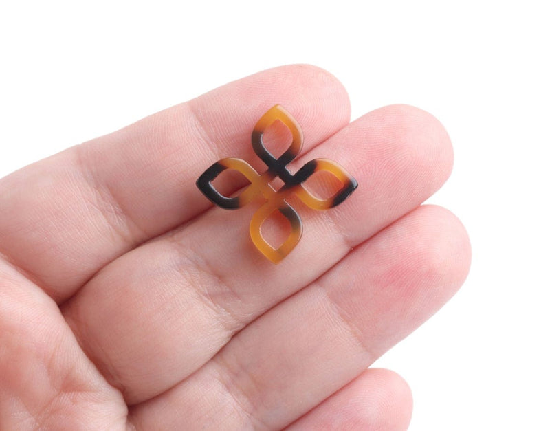 4 Celtic Flower Beads in Tortoise Shell, Four Cardinal Directions, Infinity Knot Earring Lings, Plastic Stars, Acetate, 24mm