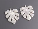 2 Pearl White Monstera Leaf Charms, Palm Leaf Pendants, Cellulose Acetate, 43 x 35mm