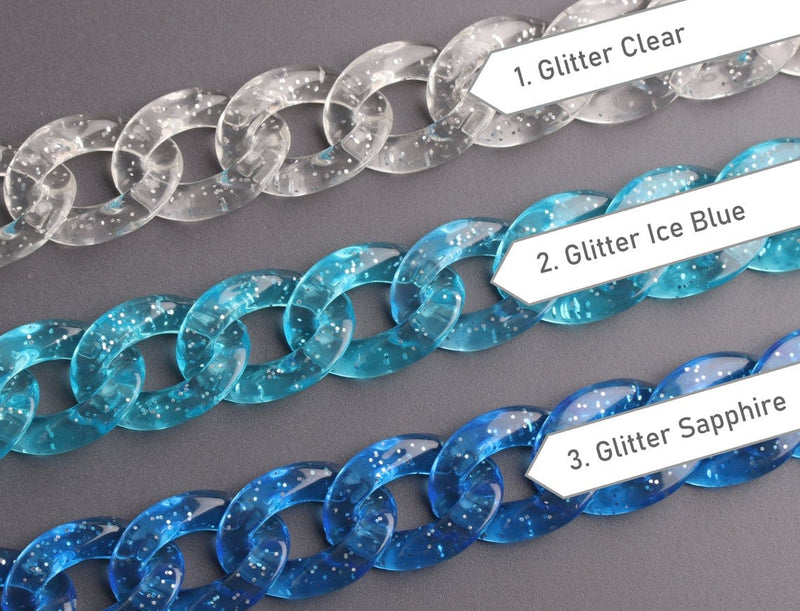 1ft Glitter Acrylic Chain Links in Open Ocean with 3 Color Options, 23mm