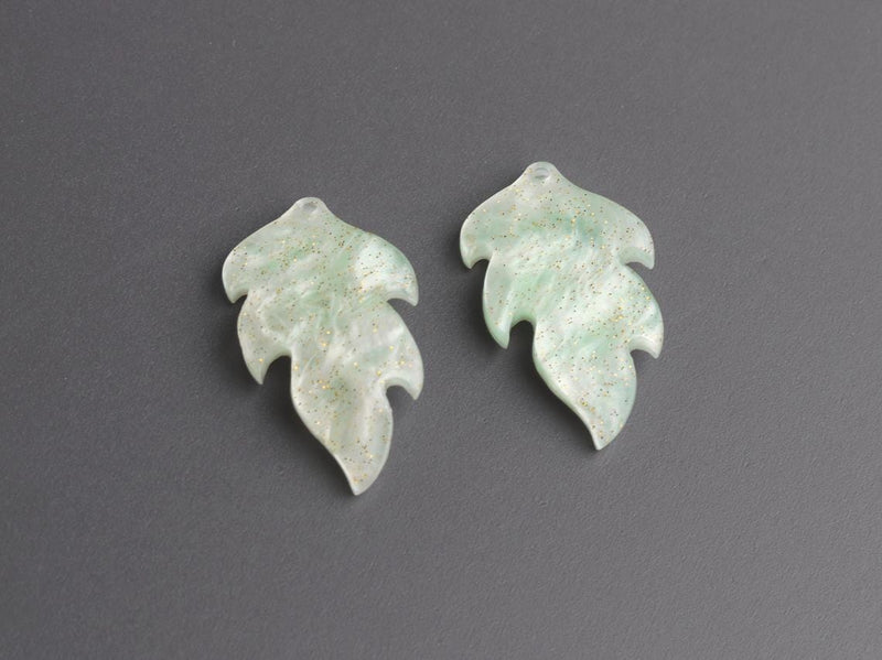 2 Pearl Green Leaf Charms with Gold Glitter, Curved Shape, 25.5 x 15mm