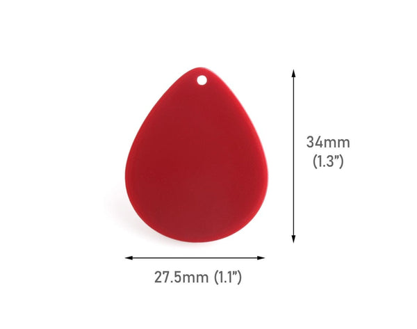 4 Large Teardrop Pendants in Maroon Red, Earring Charms, Acrylic, 34 x 27.5mm