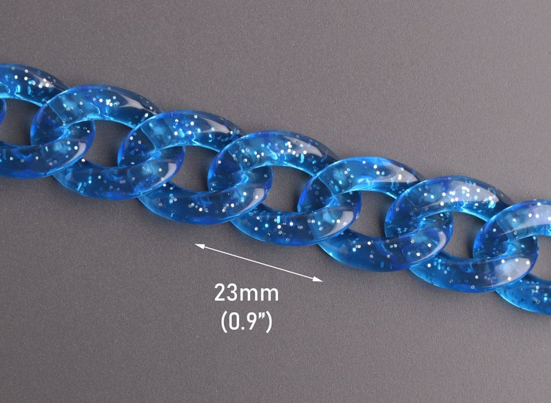 1ft Glitter Acrylic Chain Links in Sapphire Blue, 23mm, Transparent, Cute and Sparkly