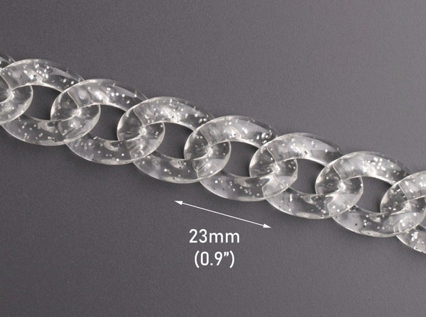 1ft Glitter Acrylic Chain Links in Crystal Clear, 23mm, Transparent, For Costume Jewelry