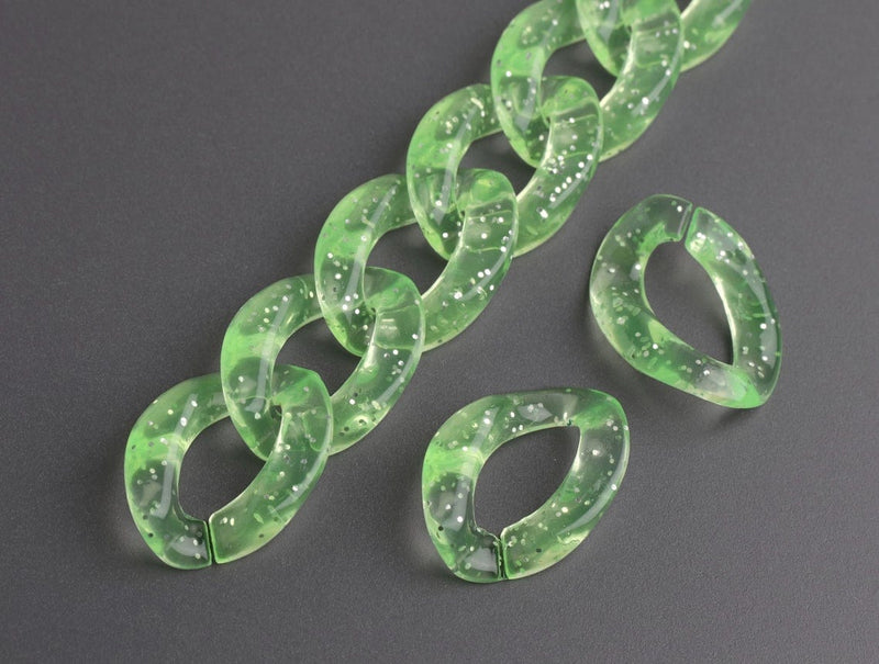 1ft Glitter Acrylic Chain Links in Lime Green, 23mm, Transparent, Cute and Sparkly