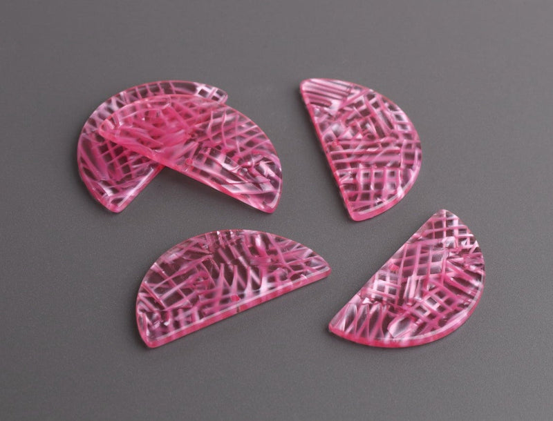 2 Half Moon Charms with Hot Pink Stripes, Transparent, Acetate Plastic, 37 x 18mm