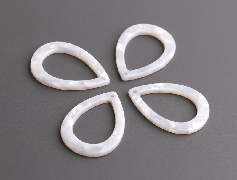 4 Pearl White Teardrop Pendants, Cut Out Frame, 1 Hole, Acetate Plastic, 31 x 22mm
