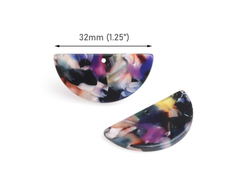 2 Rainbow Half Circle Charms, Multi Colored Beads, Acetate, 32 x 16mm