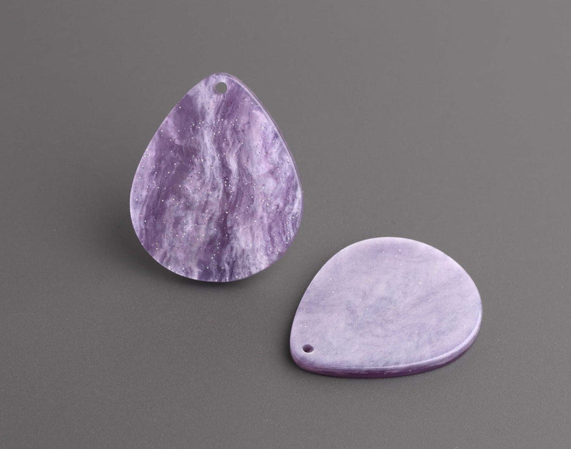 4 Large Teardrop Pendants in Purple Acrylic, Silver Glitter and Marble Ripples, Earring Blanks, 33.5 x 28mm