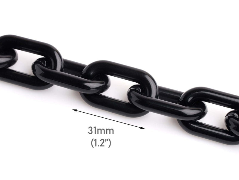1ft Glossy Black Acrylic Chain Links, 31mm, Opaque Colored Plastic, For DIY Crafts