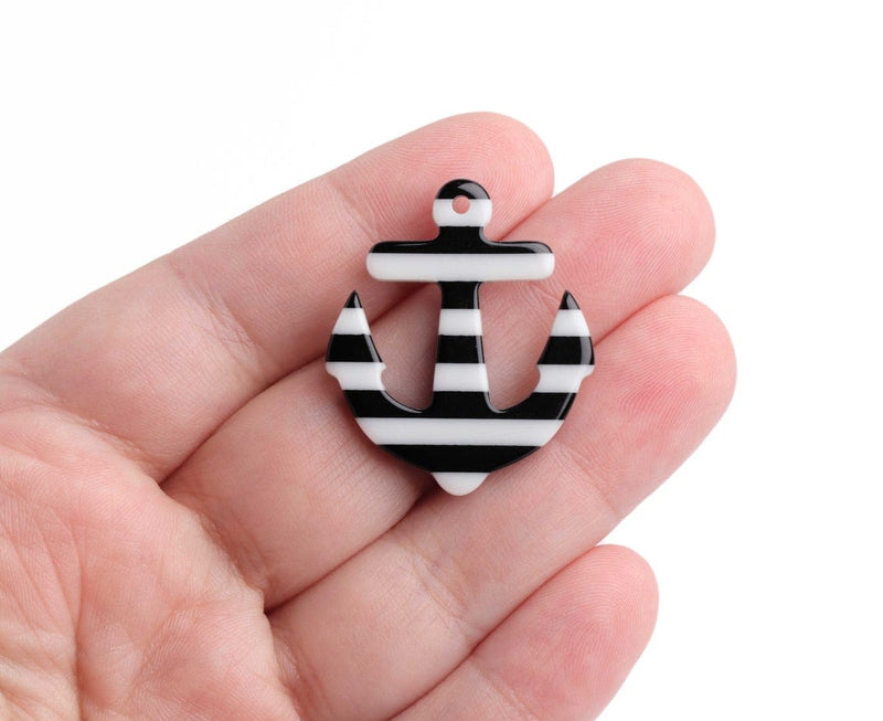 2 Anchor Charms with Black and White Stripes, Boat and Nautical Theme Pendants, Acrylic, 31 x 27.5mm