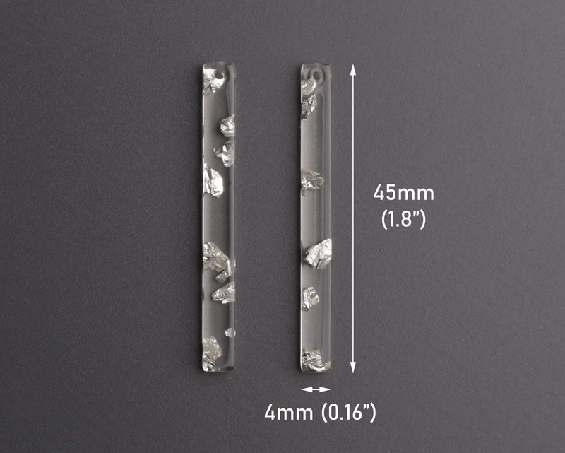 4 Long Charms Sticks with Silver Foil Flakes, Clear Acrylic Beads for Jewelry, Bars for Necklaces, 45 x 4mm