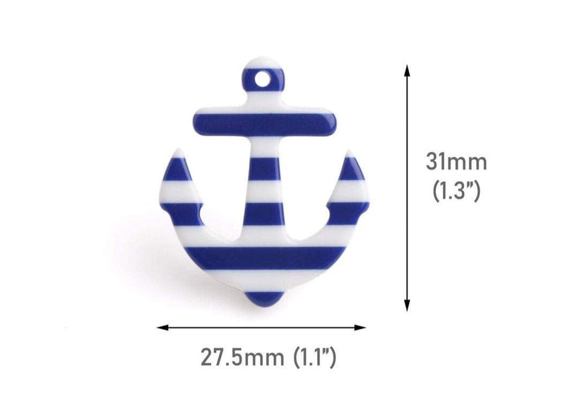 2 Anchor Charms with Navy Blue and White Stripes, Kawaii, Ship and Nautical Pendant, Acrylic, 31 x 27.5mm