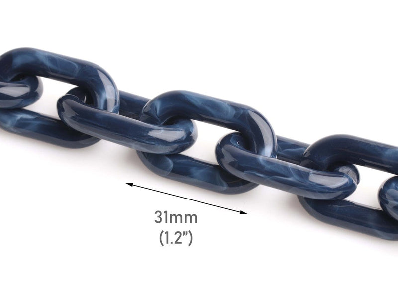 1ft Navy Blue Acrylic Chain Links, 31mm, Dark Blue Marble, For Keychain Wristlets