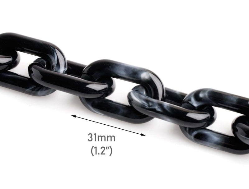 1ft Glossy Black Marble Acrylic Chain Links, 31mm, Big Ovals, For Bracelet Crafts