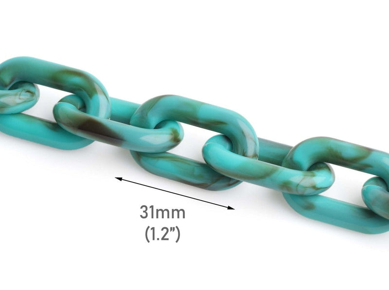 1ft Turquoise Green Acrylic Chain Links, 31mm, Large Paperclip Connectors for Jewelry