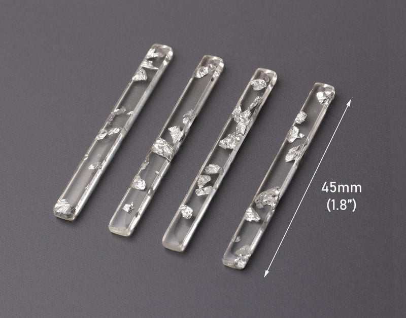 4 Long Charms Sticks with Silver Foil Flakes, Clear Acrylic Beads for Jewelry, Bars for Necklaces, 45 x 4mm