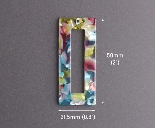 2 Rectangle Pendants in Sea Glass Colors, Colorful Plastic Beads in Clear, Blue, Red and Green, Cellulose Acetate, 50 x 21.5mm