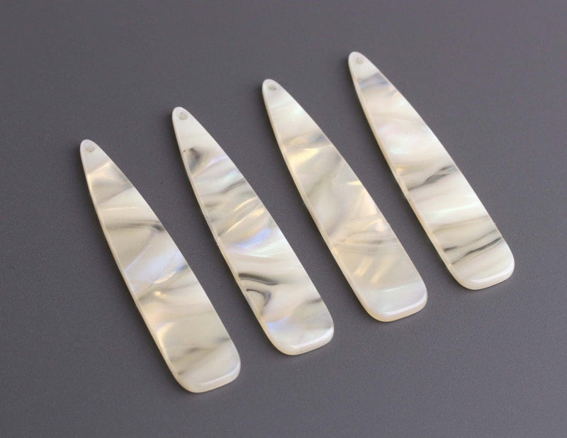 4 Long Teardrop Charms, Creamy Ivory with Gold and Blue Flashes, Nothern Lights Colors, Acetate, 54 x 11mm