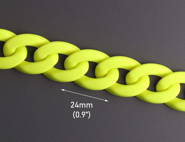 1ft Matte Neon Yellow Acrylic Chain Links, 24mm, Fluorescent, For Chunky Bracelets