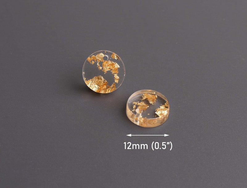 4 Crystal Clear Acrylic Charms with Gold Foil Flakes, Tiny Round Circle Discs, 1 Hole, 12mm