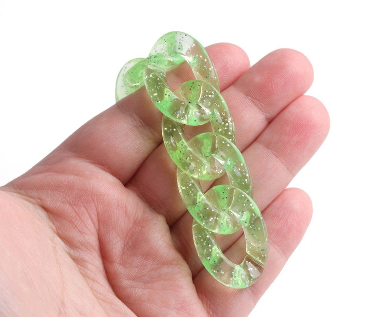 1ft Large Glitter Acrylic Chain Links in Lime Green, 30mm, Transparent, Sparkly