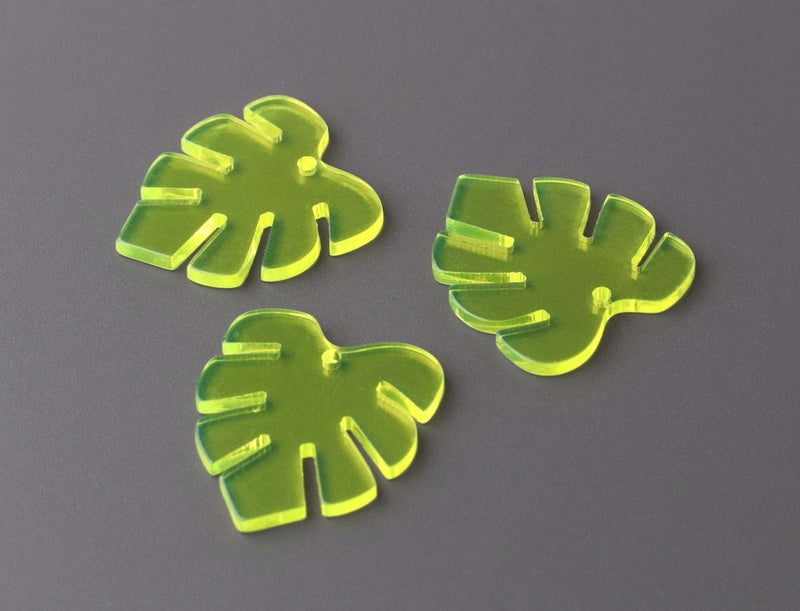 2 Neon Yellow Monstera Leaf Charms, Transparent, Palm Tree Fronds for Tropical Earrings, Laser Cut Acrylic, 29.5 x 26mm
