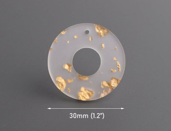 2 Frosted Clear Acrylic Beads with Gold Foil Flakes, Donut Ring Pendants, Washer Charm, Matte Finish, 30mm