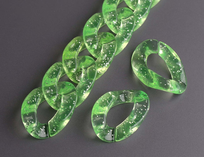 1ft Large Glitter Acrylic Chain Links in Lime Green, 30mm, Transparent, Sparkly