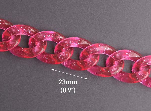 1ft Glitter Acrylic Chain Links in Hot Pink, 23mm, Transparent, Craft Supplies