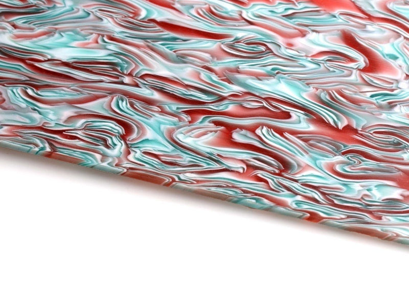 Cellulose Acetate Sheet in Sequoia, Turquoise Green and Red Marble, Wavy Pattern, Engraving and Laser Cutting, 2.5mm Thick, 19.6 x 8 Inch