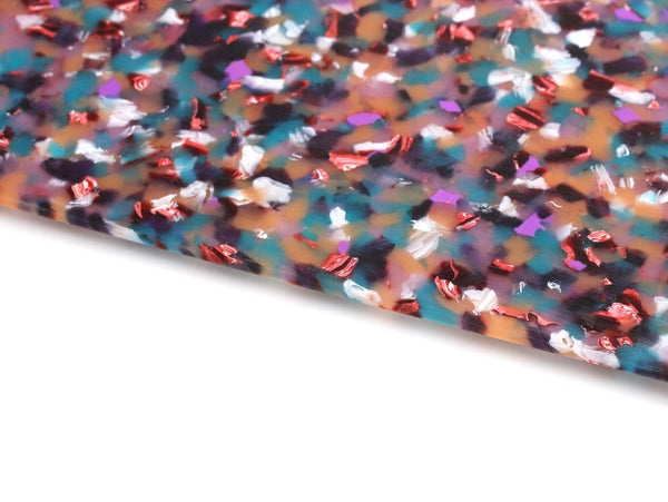 Cellulose Acetate Sheet in Festival, 19.6 x 8 Inch, 2.5mm Thick, Colorful with Patches of Blue, Yellow, Red, White and Purple, Laser Cutting Materials