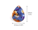 4 Large Teardrop Beads in Dark Blue with Metallic Copper, Gold and Pink, Resin Charms, Acetate, 40 x 31.5mm