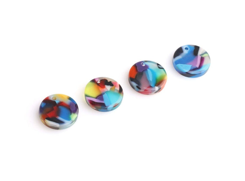 4 Rainbow Tortoise Shell Charms, Round Circle Drops, Multicolored Resin Beads, Acetate Plastic, 12mm