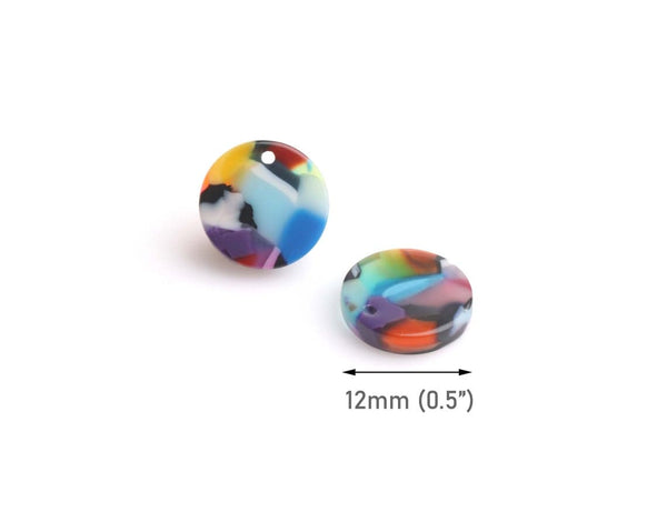 4 Rainbow Tortoise Shell Charms, Round Circle Drops, Multicolored Resin Beads, Acetate Plastic, 12mm