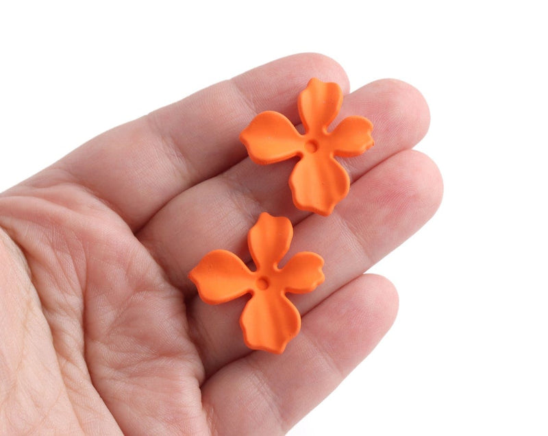 Matte Orange Flower Stud Earring Findings, 1 Pair, Big Stud Earring Making Parts with Posts, Acrylic, 28.5 x 27mm