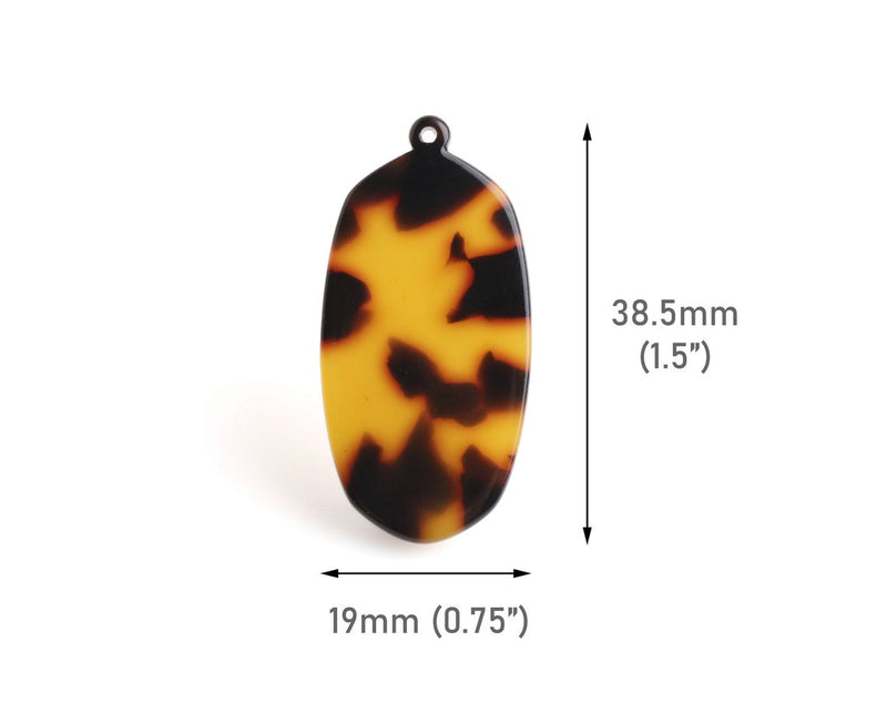 4 Long Hexagon Charms in Tortoise Shell, Orange and Brown, Oval Paddle Shape, Acetate, 38.5 x 19mm