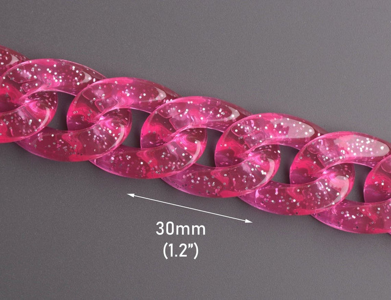 1ft Large Glitter Acrylic Chain Links in Hot Pink, 30mm, Transparent, For Jewelry Findings
