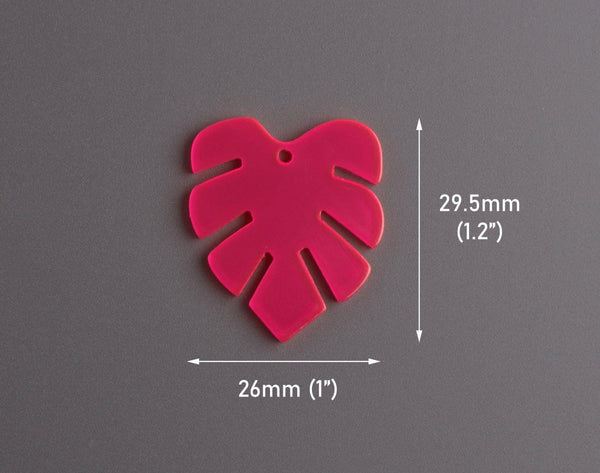 2 Neon Pink Acrylic Leaf Charms, Transparent, Hot Pink, Monstera Drop Dangles, 29.5 x 26mm