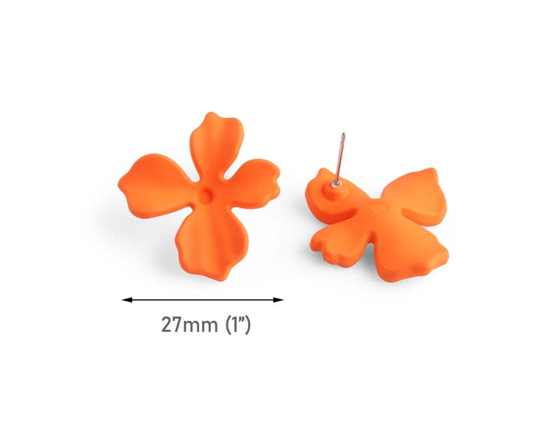 Matte Orange Flower Stud Earring Findings, 1 Pair, Big Stud Earring Making Parts with Posts, Acrylic, 28.5 x 27mm