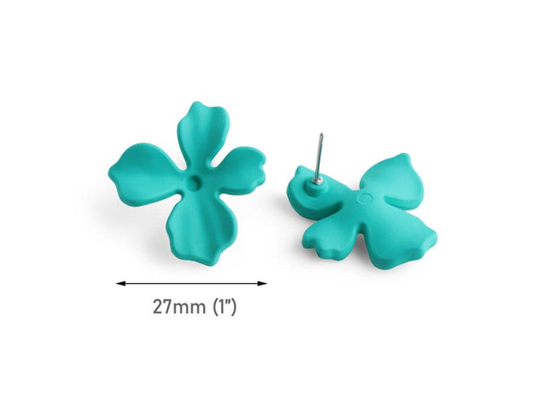 Matte Turquoise Green Flower Stud Earring Findings, 1 Pair, Jewelry Making Components for Embellishing, Acrylic, 28.5 x 27mm