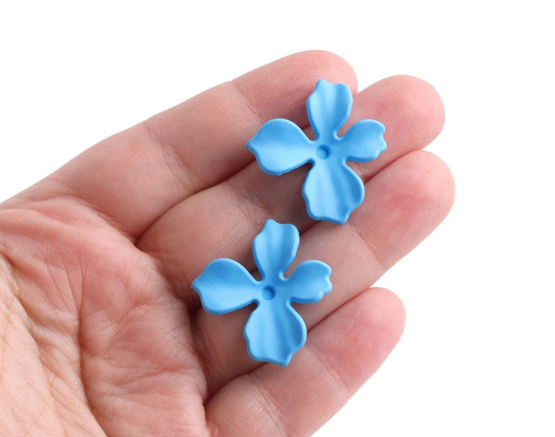 Matte Light Blue Flower Stud Earring Findings, 1 Pair, Ear Studs with Metal Alloy Posts, Water Blue Colored, Acrylic, 28.5 x 27mm