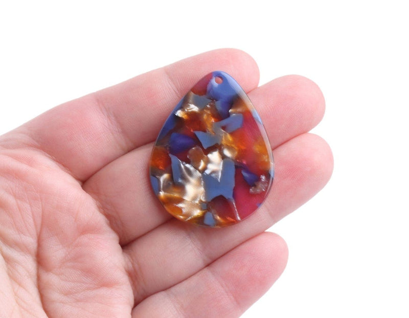 4 Large Teardrop Beads in Dark Blue with Metallic Copper, Gold and Pink, Resin Charms, Acetate, 40 x 31.5mm