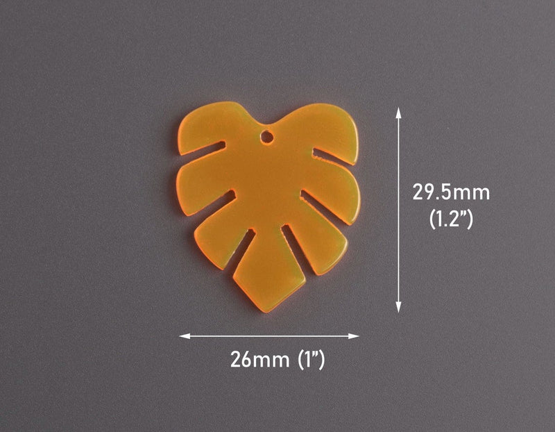 2 Neon Orange Acrylic Leaf Charms, Transparent, Monstera Plant Shape, Easy Craft Making Supply, 29.5 x 26mm