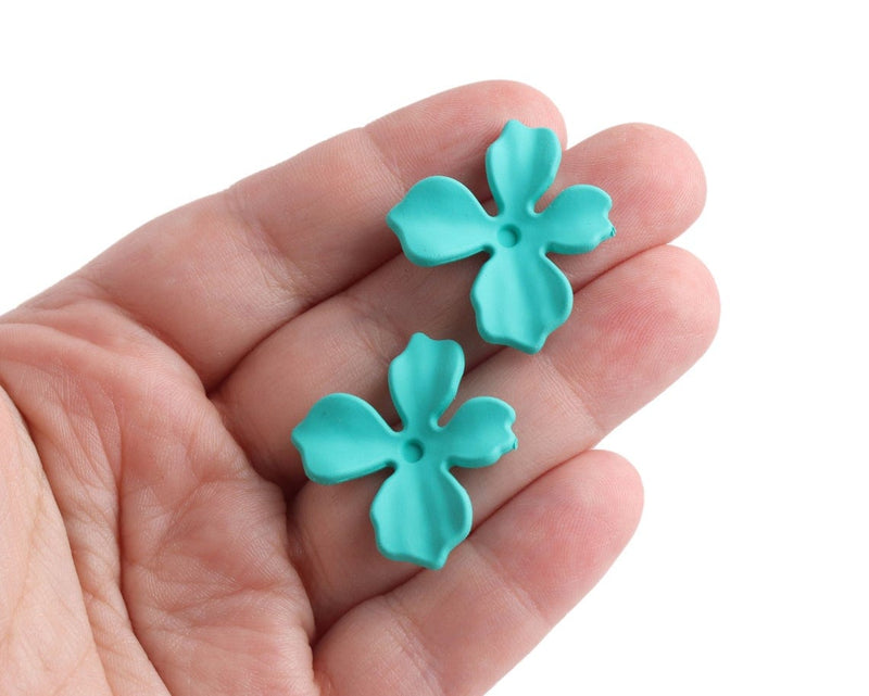 Matte Turquoise Green Flower Stud Earring Findings, 1 Pair, Jewelry Making Components for Embellishing, Acrylic, 28.5 x 27mm
