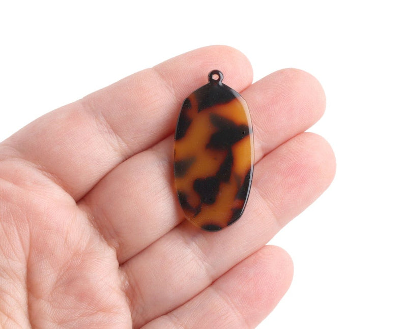 4 Long Hexagon Charms in Tortoise Shell, Orange and Brown, Oval Paddle Shape, Acetate, 38.5 x 19mm